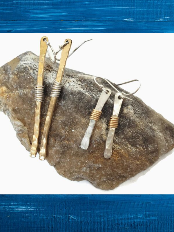 mixed metal hammered stick earrings